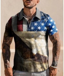 Men’s Polo Shirt 1776 Graphic Print Turn-down Collar Spring Summer Fashion Leisure Short Sleeve Zipper Polo Tee Casual Tops 2023