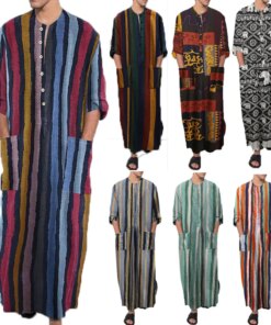 Men’s Robe Muslim New Autumn Middle Eastern Men’s Long Sleeve Arabic Stripe Printed One Piece Shirt