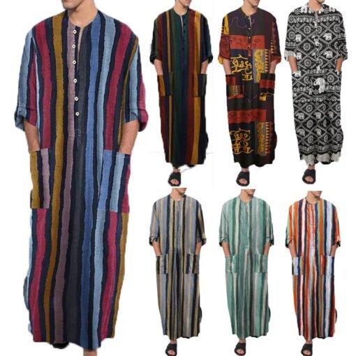 Buy Men's Robe Muslim New Autumn Middle Eastern Men's Long Sleeve Arabic Stripe Printed One Piece Shirt online shopping cheap