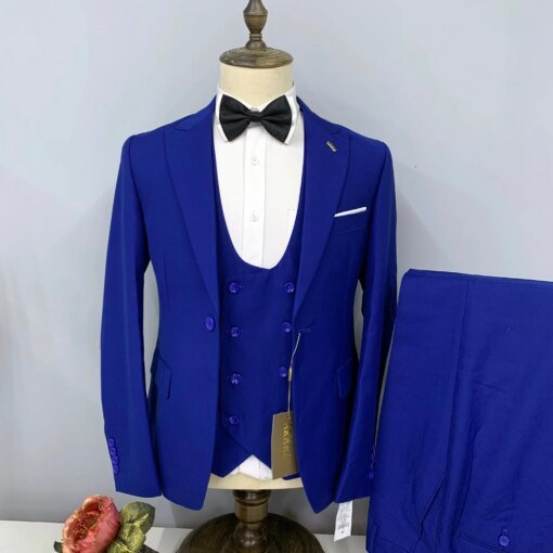 Buy Men's Suits 3 Pcs Set Jacket Pants Vest 2023 New Popular Royal Blue Formal Wedding Slim Fit High End Linen Groom Tuxedo online shopping cheap