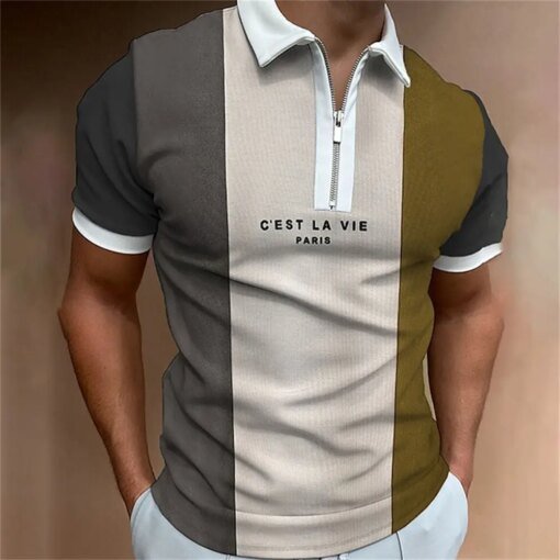 Buy Men's Tops Polo Golf Striped Print T Shirt High Quality Turndown Short Sleeve Zipper Pullover Original Golf Wear Men Clothing online shopping cheap