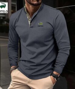 Buy Men's spring and autumn high quality stand collar long sleeve POLO shirt business casual embroidery mark simple sports loose shi online shopping cheap