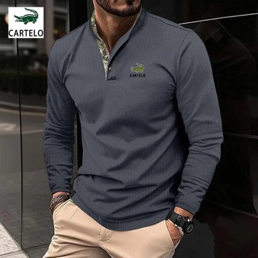 Buy Men's spring and autumn high quality stand collar long sleeve POLO shirt business casual embroidery mark simple sports loose shi online shopping cheap