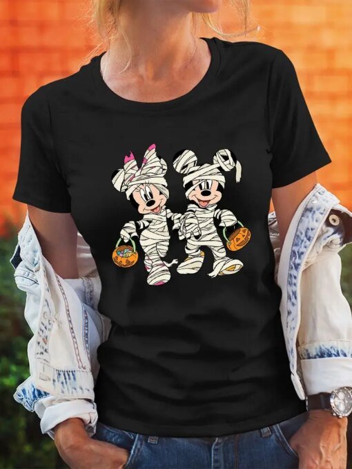 Buy Minnie Mickey Funny Print Disney Black Women T-Shirt Halloween Series Clothes Casual Comfy Style Female T Shirt Harajuku Clothes online shopping cheap