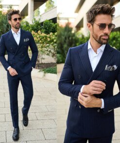 Navy Men’s Suit 2 Pieces Blazer Pants Double Breasted Peaked Lapel Business Pinstripes Slim Wedding Groom Tailored Costume Homme