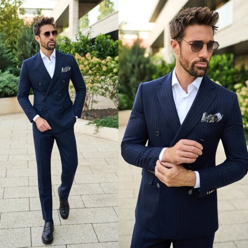 Buy Navy Men's Suit 2 Pieces Blazer Pants Double Breasted Peaked Lapel Business Pinstripes Slim Wedding Groom Tailored Costume Homme online shopping cheap