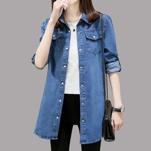 Buy New 2023 Casual Fashionable Denim Shirts Jean Pockets Korean Style Minimalist Autumn Winter Women's Blouses Lady Tops D293 online shopping cheap