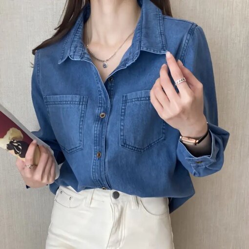 Buy New 2023 Casual Fashionable Denim Shirts Jean Pockets Korean Style Minimalist Autumn Winter Women's Blouses Lady Tops D298 online shopping cheap