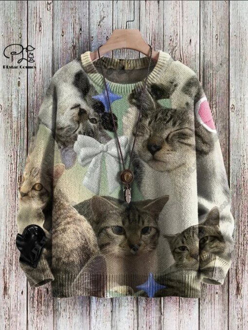 Buy New Animal Series 3D Printing Retro Cute Cat Art Print Authentic Ugly Sweater Winter Casual Unisex Sweater M-6 online shopping cheap