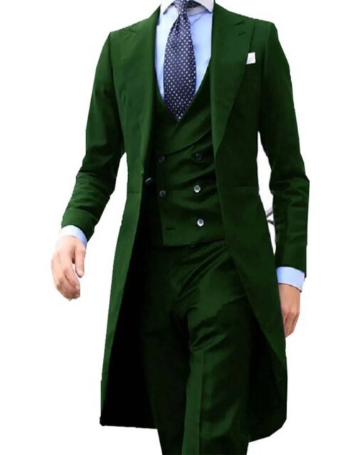 Buy New Arrival Custom Made Slim Fit Green Blazer Men Suits for Wedding Peak Lapel Groom Wear Man Tuxedo 3Pcs Long Jacket+Vest+Pants online shopping cheap