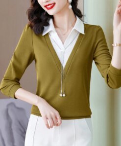 New Casual Women Shirts 2023 Spring Autumn Fake 2-Pieces Vintage Blouses Women Elegant Long Sleeve Tops blusa feminina