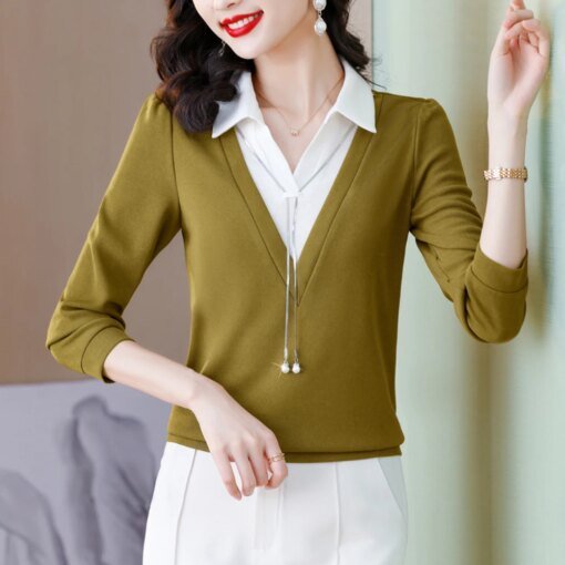 Buy New Casual Women Shirts 2023 Spring Autumn Fake 2-Pieces Vintage Blouses Women Elegant Long Sleeve Tops blusa feminina online shopping cheap