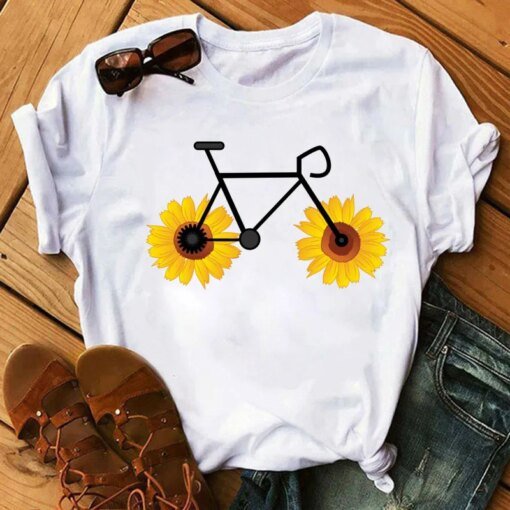 Buy New Flower Bicycle Printed T Shirt Women Fashion Cute Graphic T Shirt Female Casual Short Sleeve Tops Tee Women Tshirt Clothes online shopping cheap