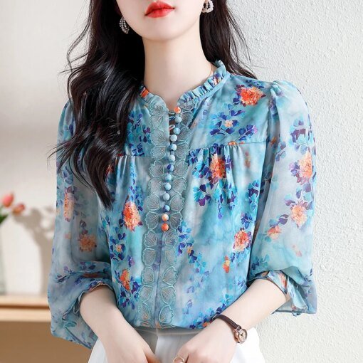Buy New Korean Floral Printed Shirt Elegant Fashion Women Lantern Long Sleeve Chiffon blosue Stand collar Pullovers Tops online shopping cheap