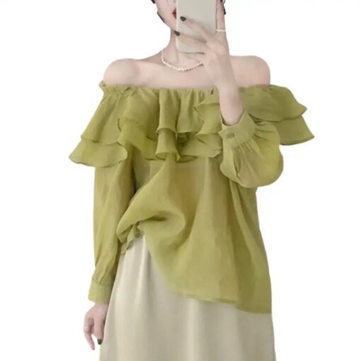 Buy New Korean elegant sweet Lyocell blouse Fashion Autunm Off Shoulder Ruffle slash Neck Long Sleeve Shirt plus size Spring tops online shopping cheap