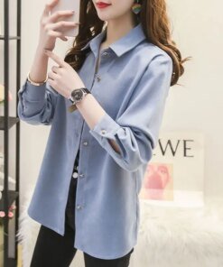 New Office Lady Polo Collar Button Straight Loose Long Sleeved Fashion Shirts Spring Autumn Blouses Women’s Clothing T328