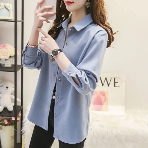 Buy New Office Lady Polo Collar Button Straight Loose Long Sleeved Fashion Shirts Spring Autumn Blouses Women's Clothing T328 online shopping cheap