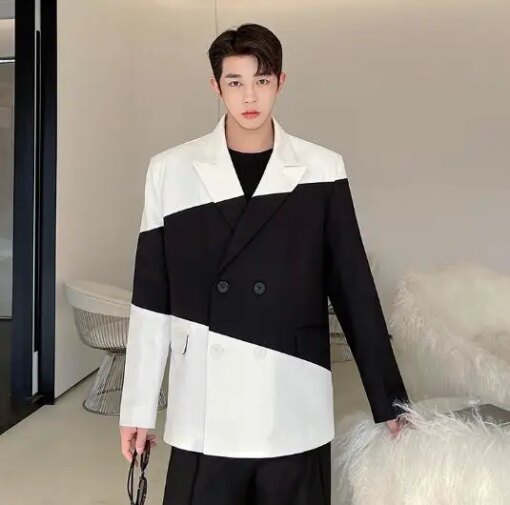 Buy New Spring Autumn Men's Suit Academic Style Black white stitching Casual Long Sleeve Loose Cotton Blend Suit Jacket ABB172 online shopping cheap
