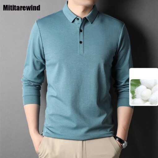 Buy New Spring Fall Long Sleeve Tees for Men Smart Casual Polo Shirts with Cotton and Silk Simple Comfortable Tops Versatile Tshirt online shopping cheap