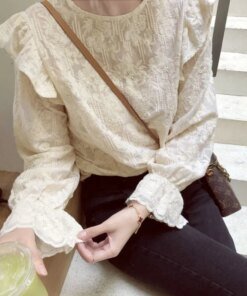 New Spring O-neck Tops Flare Long Sleeve Sweet Shirt Crochet Hollow New Elegant Ruffles Lace Blouse Floral Vintage Clothes 25847