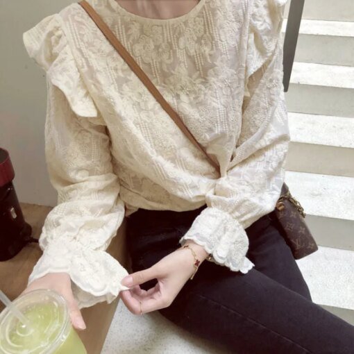 Buy New Spring O-neck Tops Flare Long Sleeve Sweet Shirt Crochet Hollow New Elegant Ruffles Lace Blouse Floral Vintage Clothes 25847 online shopping cheap