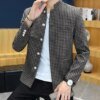 Buy New Style Men's Blazer Plaid Pattern Stand Collar Business Lapel Long Sleeve Slim Cotton Blend Blazers Suits ABB72 online shopping cheap