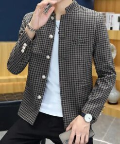 New Style Men’s Blazer Plaid Pattern Stand Collar Business Lapel Long Sleeve Slim Cotton Blend Blazers Suits ABB72