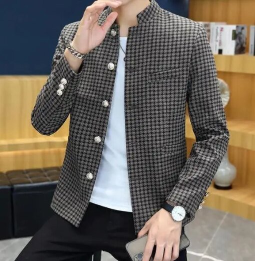 Buy New Style Men's Blazer Plaid Pattern Stand Collar Business Lapel Long Sleeve Slim Cotton Blend Blazers Suits ABB72 online shopping cheap