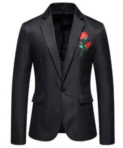 New Style Men’s Blazer Sets Solid Color Embroidered rose pattern Lapel Long Sleeve Slim Cotton Blend Blazers Suits ABB73