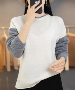 New Style Woman’s Sweaters Winter Thick Casual Patchwork Female Pullover Long Sleeve O-Neck Jumper 100% Wool Knitted Top Clothes