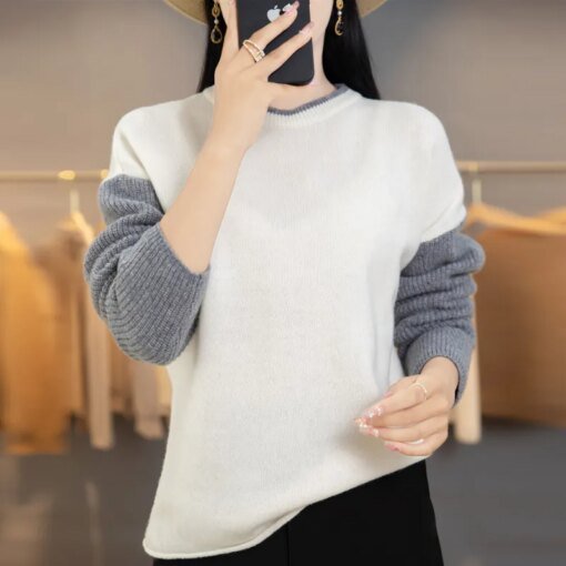 Buy New Style Woman's Sweaters Winter Thick Casual Patchwork Female Pullover Long Sleeve O-Neck Jumper 100% Wool Knitted Top Clothes online shopping cheap