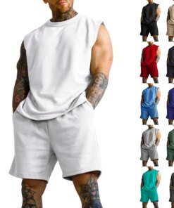 New Summer Sleeveless Sports Suit Men’s Casual Thin Top Solid Color Waistcoat Two-piece Suit Men’s