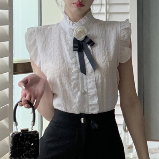 Buy New Vintage Style Sleeve Tank Top Summer Ruffles Women Blouse Single-breasted Bowknot OL Blouse Blusa online shopping cheap