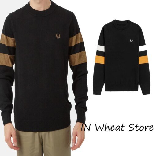 Buy New Wheat Embroidery Intercolor Stripe Round Neck Pullover Fleece Men's Long Sleeve Knitwear Casual Thin Style Men's Clothing online shopping cheap