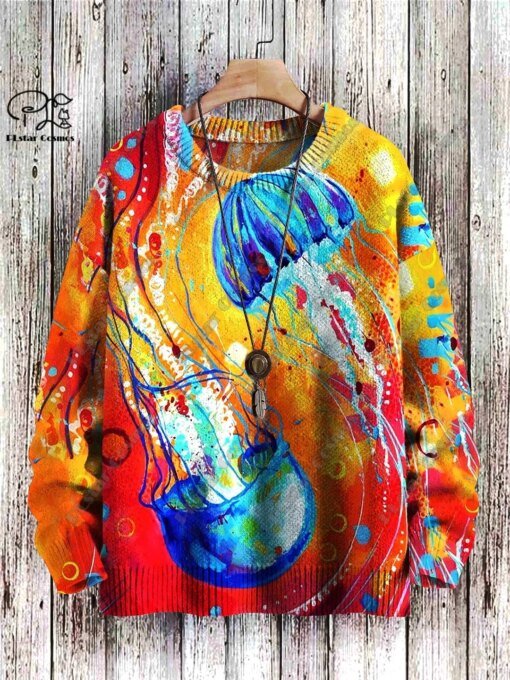 Buy New animal series 3D printing retro cute jellyfish frog fish art printing authentic ugly sweater winter casual unisex sweater online shopping cheap