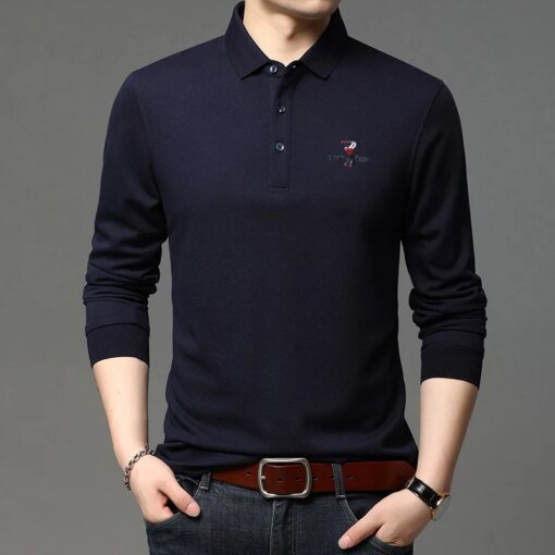 Buy New embroidered cotton Polo shirt Men's long sleeved 2023 Spring and Autumn Korean casual trend Polo collar long sleeved T-shirt online shopping cheap