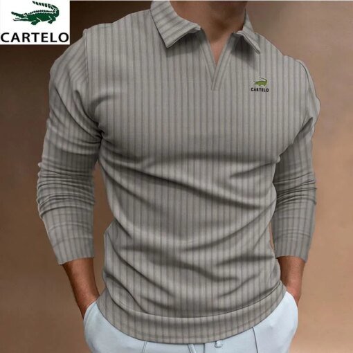 Buy New fashion men's long sleeve Polo shirt Autumn and winter casual striped T-shirt Business anti-wrinkle street fashion men's bre online shopping cheap