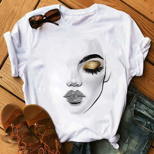 Buy New line flower girl print women's casual tops T-shirts women's fashion tops short-sleeved ladies T-shirts online shopping cheap