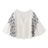 Buy Nlzgmsj TRAF Women Embroidered Linen Blend Top Fashion V-neck Middle Sleeve Loose Casual Women Shirt Trend Vacation Streetwear online shopping cheap