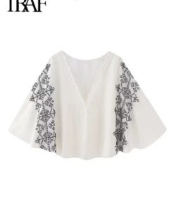 Nlzgmsj TRAF Women Embroidered Linen Blend Top Fashion V-neck Middle Sleeve Loose Casual Women Shirt Trend Vacation Streetwear