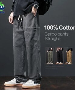 Buy OUSSYU Brand Clothing Men's Cargo Pants 100%Cotton Solid Color Work Wear Straight Thick Casual Pant Korean Jogger Trousers Male online shopping cheap