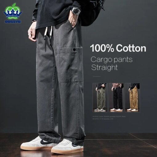 Buy OUSSYU Brand Clothing Men's Cargo Pants 100%Cotton Solid Color Work Wear Straight Thick Casual Pant Korean Jogger Trousers Male online shopping cheap