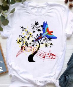 Parrot Love Musical Notes Prinit Tshirts Women Flowers Tree Cockatiel T Shirt Female fashion Tops Tee Shirt Femme Harajuku Shirt