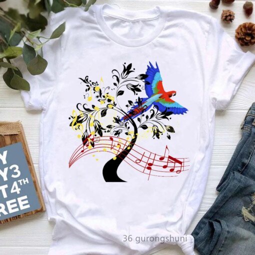 Buy Parrot Love Musical Notes Prinit Tshirts Women Flowers Tree Cockatiel T Shirt Female fashion Tops Tee Shirt Femme Harajuku Shirt online shopping cheap