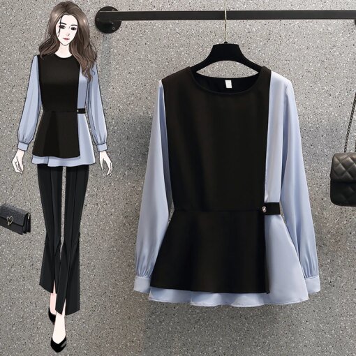 Buy Patchwork Chiffon Women Blouse Summer New Design 2023 O-Neck Long-Sleeved Loose Elegant Office Lady Pulls Tops online shopping cheap