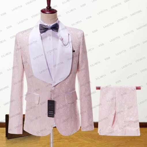 Buy Pink Floral Wedding Tuxedo for Groom 2 Pieces Slim Fit Men Suits with Satin Shawl Lapel Custom Male Fashion Costume Jacket Vest online shopping cheap