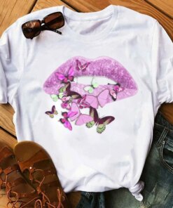 Pink Lips and Butterflies Printed T Shirt New Fashion Women T Shirt Female Ladies Short Sleeve Tops Women Cute Graphic T-shirt T