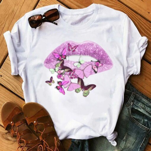 Buy Pink Lips and Butterflies Printed T Shirt New Fashion Women T Shirt Female Ladies Short Sleeve Tops Women Cute Graphic T-shirt T online shopping cheap