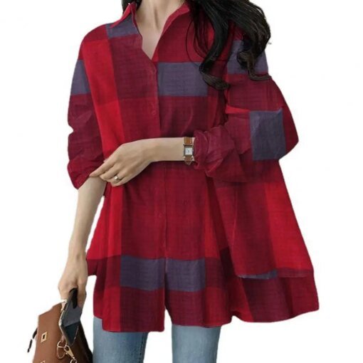 Buy Plaid Print Top Stylish Colorblock Cardigan Trendy Women's Loose Spring/fall Shirt Blouse with Turn-down Collar Patchwork Design online shopping cheap