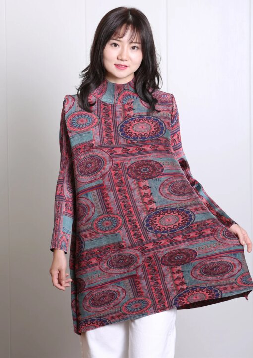 Buy Pleated Women's Dress Loose Printed Fashion High Collar Fashion shirts online shopping cheap